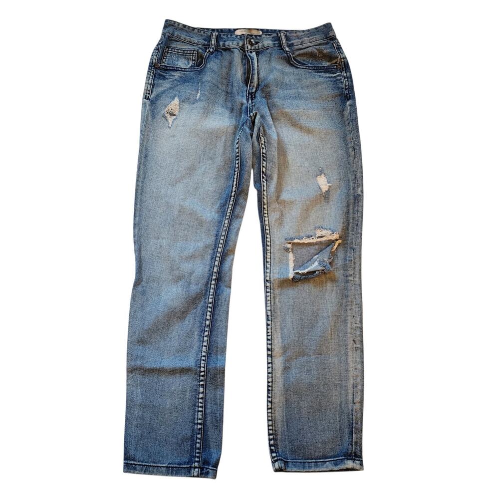 Forever 21 Womens Jeans Size 27 Blue Distressed Tapered Leg Relaxed Mid Rise